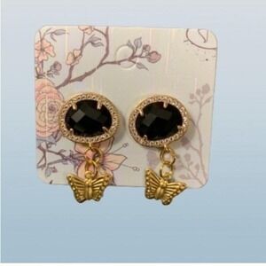 Gold tone butterfly dangle earrings with‎ black glass stone #partyjewels